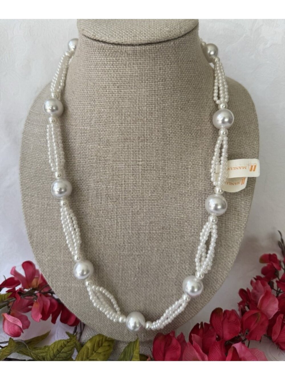 4 Layer Faux Pearl Bead Strand Graduated Twisted Statement Necklace 28" NEW